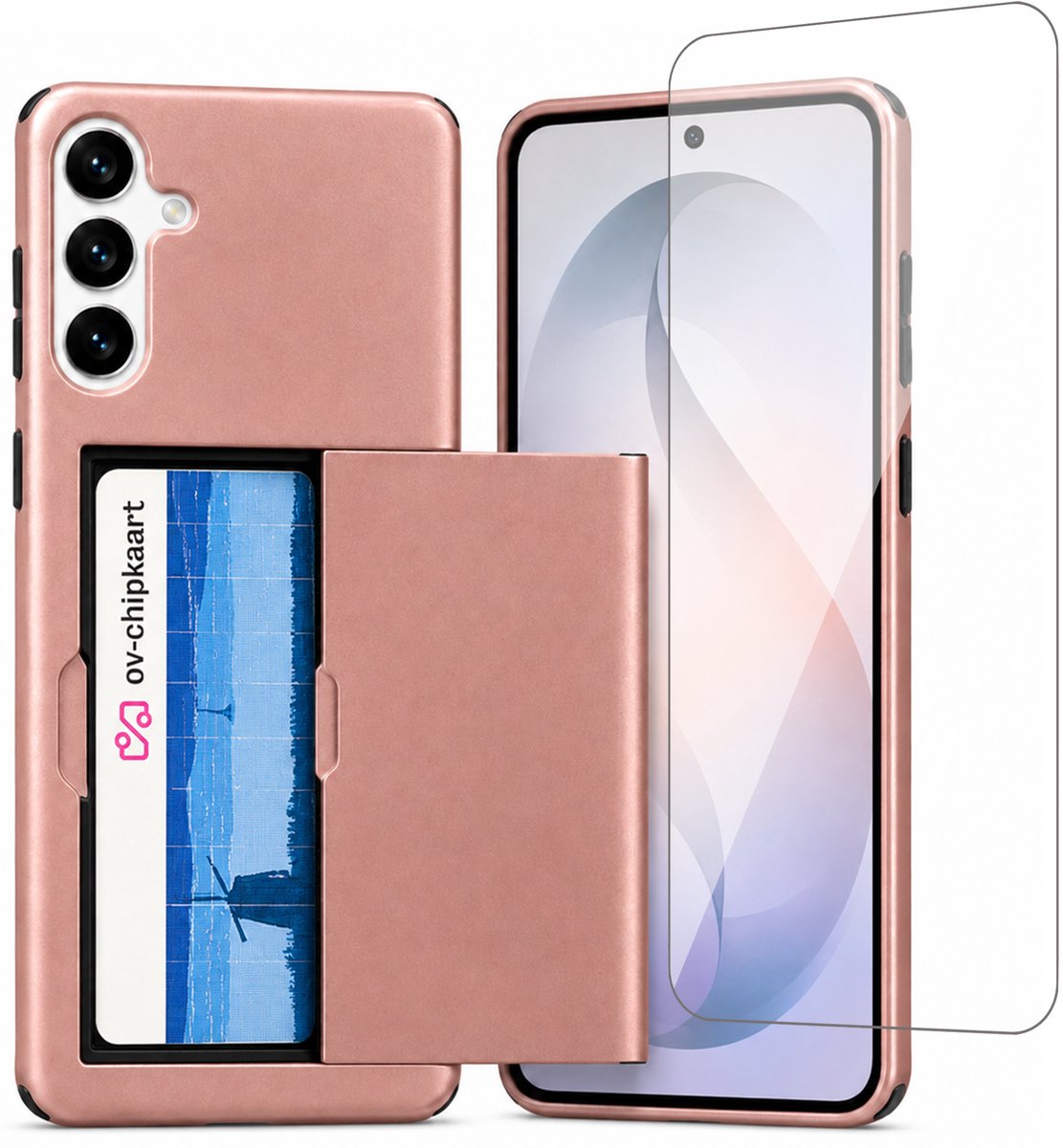 Hoesje met Pasjeshouder geschikt voor Samsung Galaxy S26 Plus – Back Cover Slide Case – Roségoud – Met Screenprotector Glas