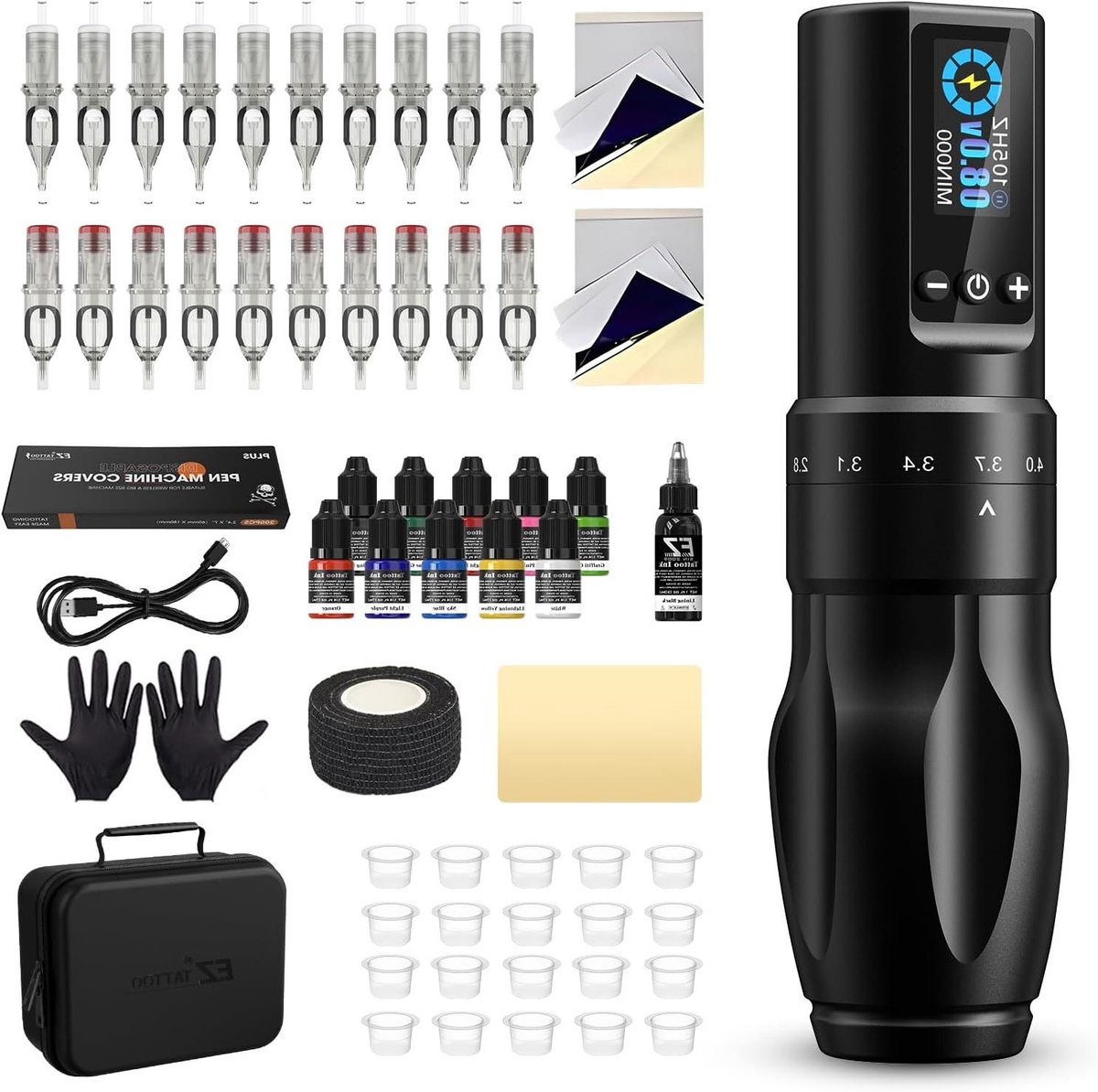 Tatoeage Kit - Professionele Set - Artistiek Ontwerp - 7 Slag Verstelbaar - 11 Kleuren Inkt - Zilver