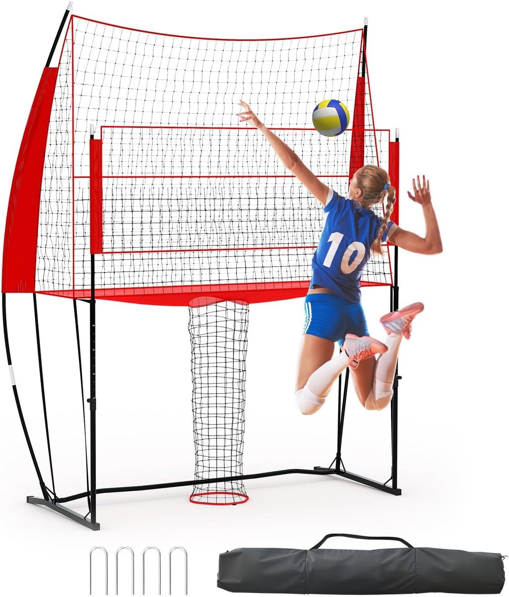 Verstelbaar volleybalnet 243 x 107 x 335 cm, ijzeren en PE trainingsnet 8*11, rood en zwart, in hoogte verstelbaar, draagbaar met draagtas, stevig frame voor gebruik binnenshuis