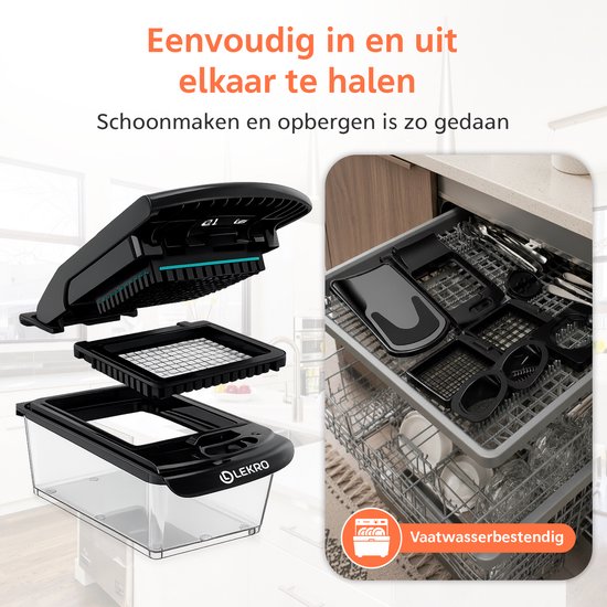 De Lekro groentesnijder is eenvoudig uit elkaar te halen voor reiniging en opberging in de vaatwasser.