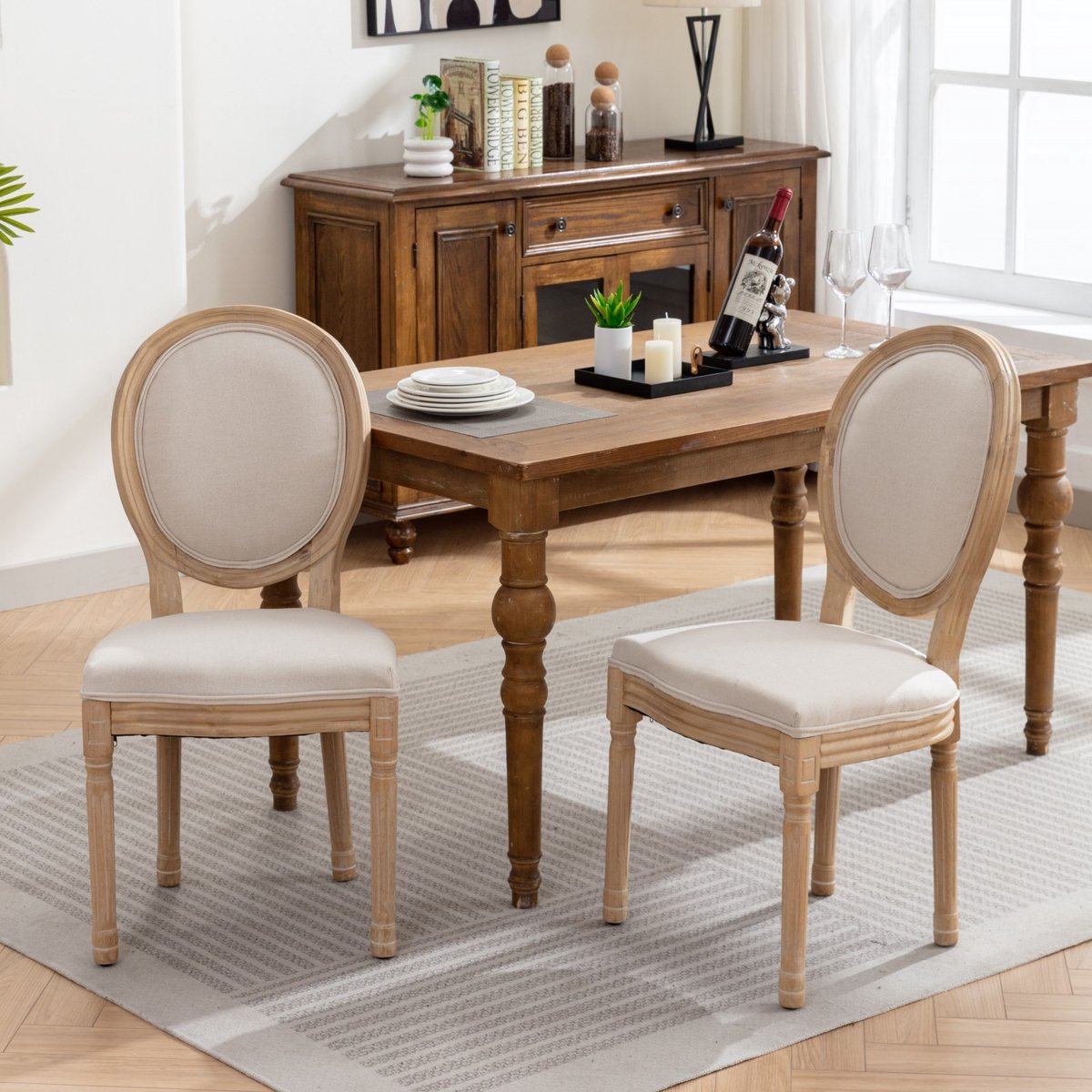 Sweiko Eetkamerstoel - Set van 2 - Houten frame - Linnen zitkussens - Beige