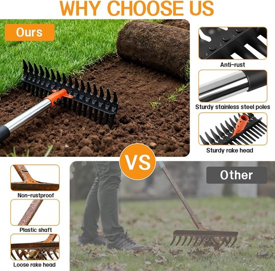 Metaal Tuinhark met Verstelbare Lengte voor het Verwijderen van Bladeren, Onkruid en Losmaken van de Bodem, Ideaal voor Tuinonderhoud en Landschapsverzorging — afbeelding 3