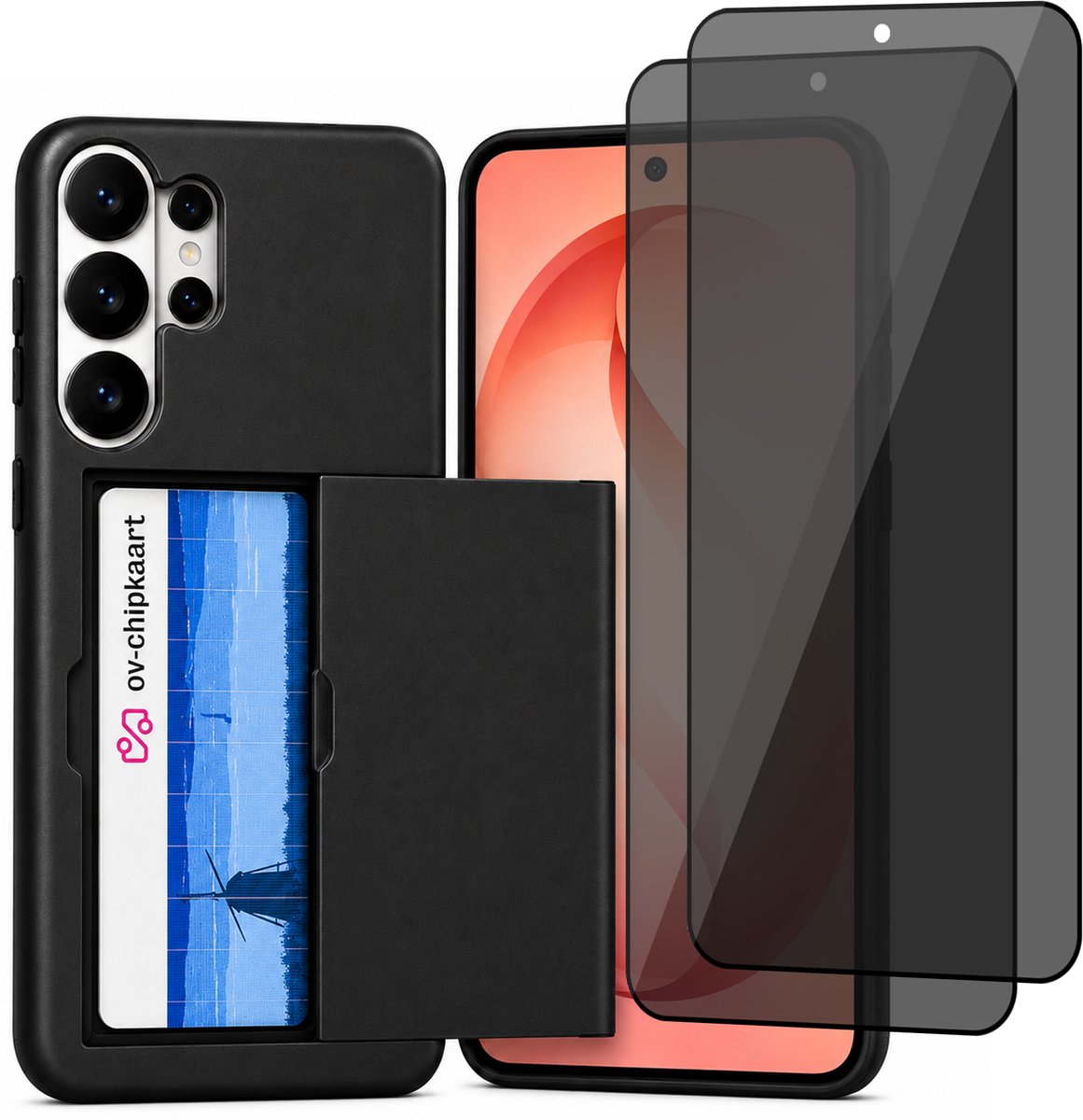 Hoesje met Pasjeshouder geschikt voor Samsung Galaxy S26 Ultra – Back Cover Slide Case – Zwart – 2 Stuks Privacy Screenprotector – Anti Inkijk
