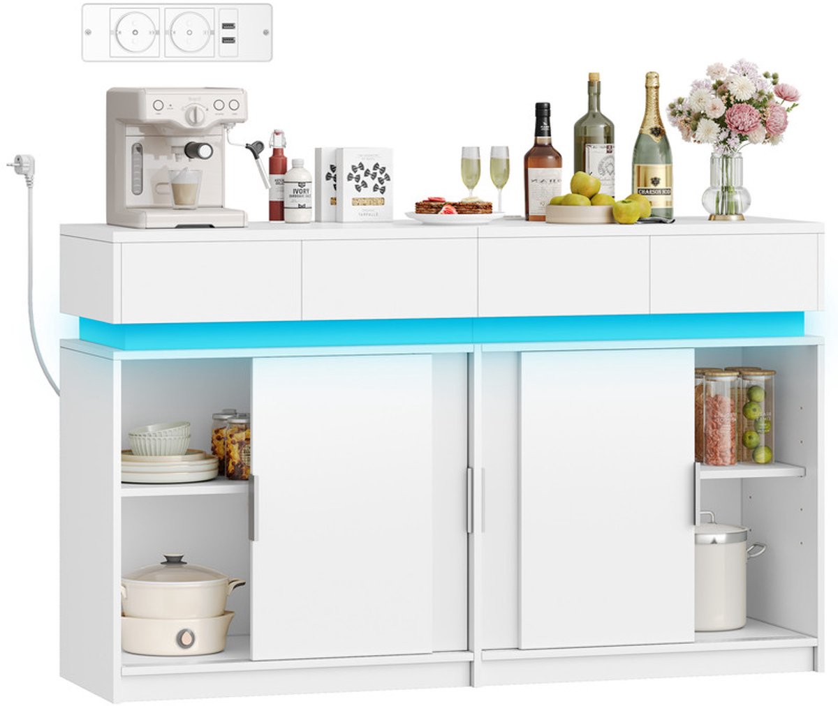 Hzuaneri Sideboard met 4 laden, keukenkast met 4 schuifdeuren, buffetkast met stekkerdoos en ledlicht, verstelbare plank, keuken, woonkamer, 40 x 140 x 85 cm, Wit