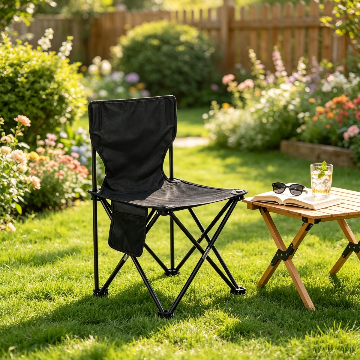 Zwarte extra grote (39x39 cm) opvouwbare campingstoel – ook geschikt om op te schetsen – voorzien van een zijvak een draagbare opvouwbare stoel die ideaal is voor kamperen vissen en gebruik in de tuin — cadeau in Sport & Outdoor - foto 4