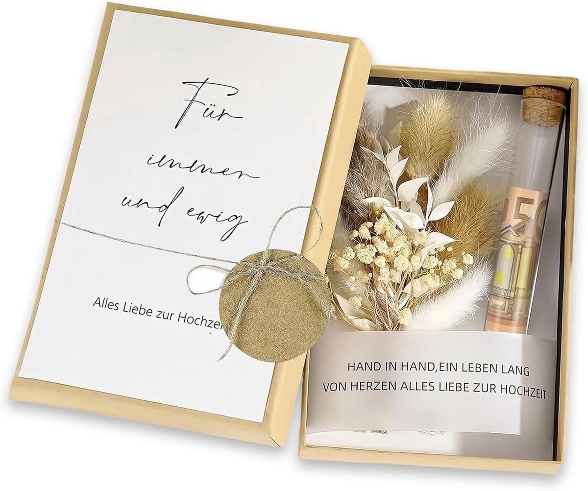 Unieke Trouwringen Cadeau met Jute Touw, Gedroogde Bloemen en Wenskaart in Luxe Cadeaubox voor het Gelukkige Koppel