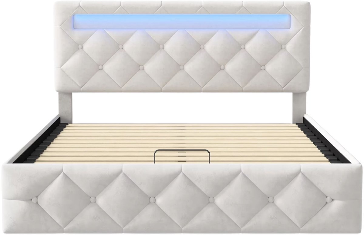Happiq Opbergbed 140x200 cm Wit - met LED Verlichting, Opbergruimte, Hoofdbord