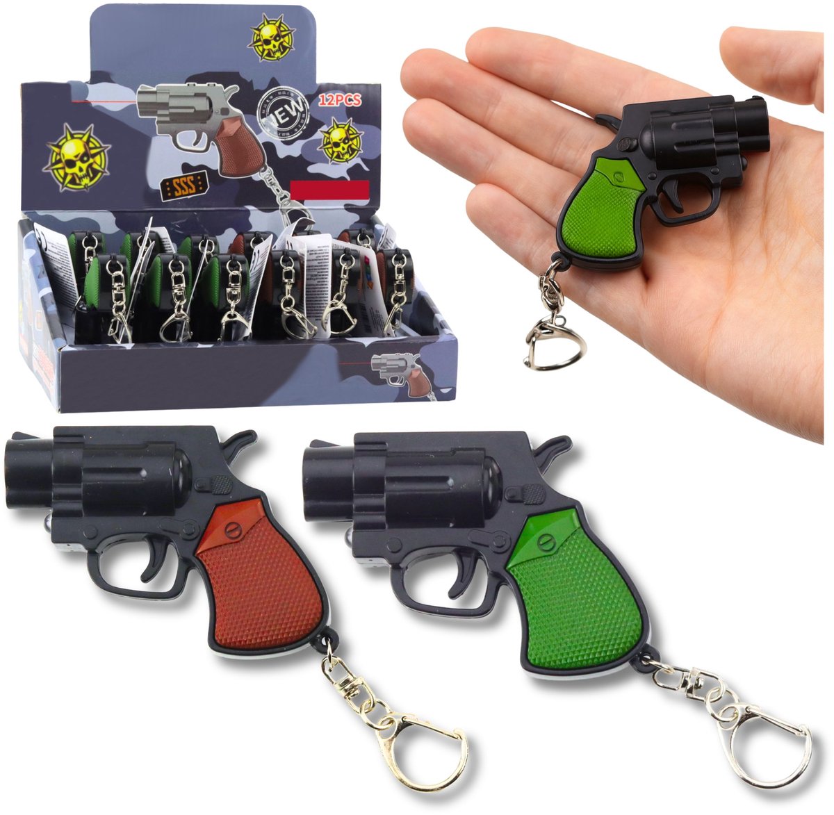 Mini Pistool Revolver Sleutelhanger Gadget Led Licht Laser 6,5 Cm