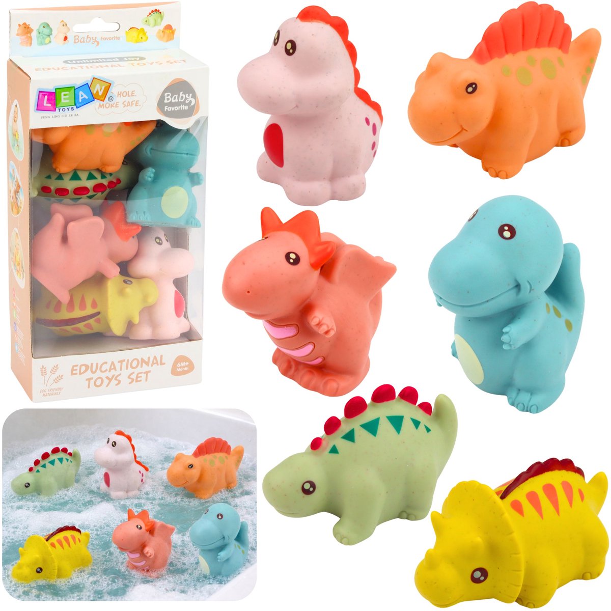 Set educatieve rubberen dinosaurussen voor het baden Pastelspellen 6 stuks.