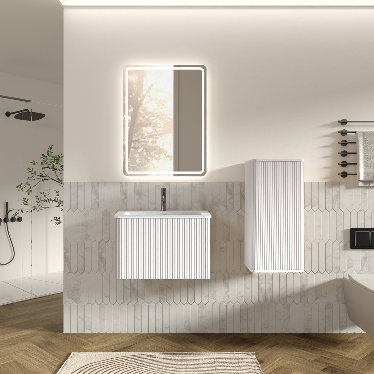 FloraGrace Badkamermeubelset - Zwevende Wastafelonderkast Met LED Spiegel - Modern Voor Kleine Badkamer En Gastentoilet - Wit - 60 Cm
