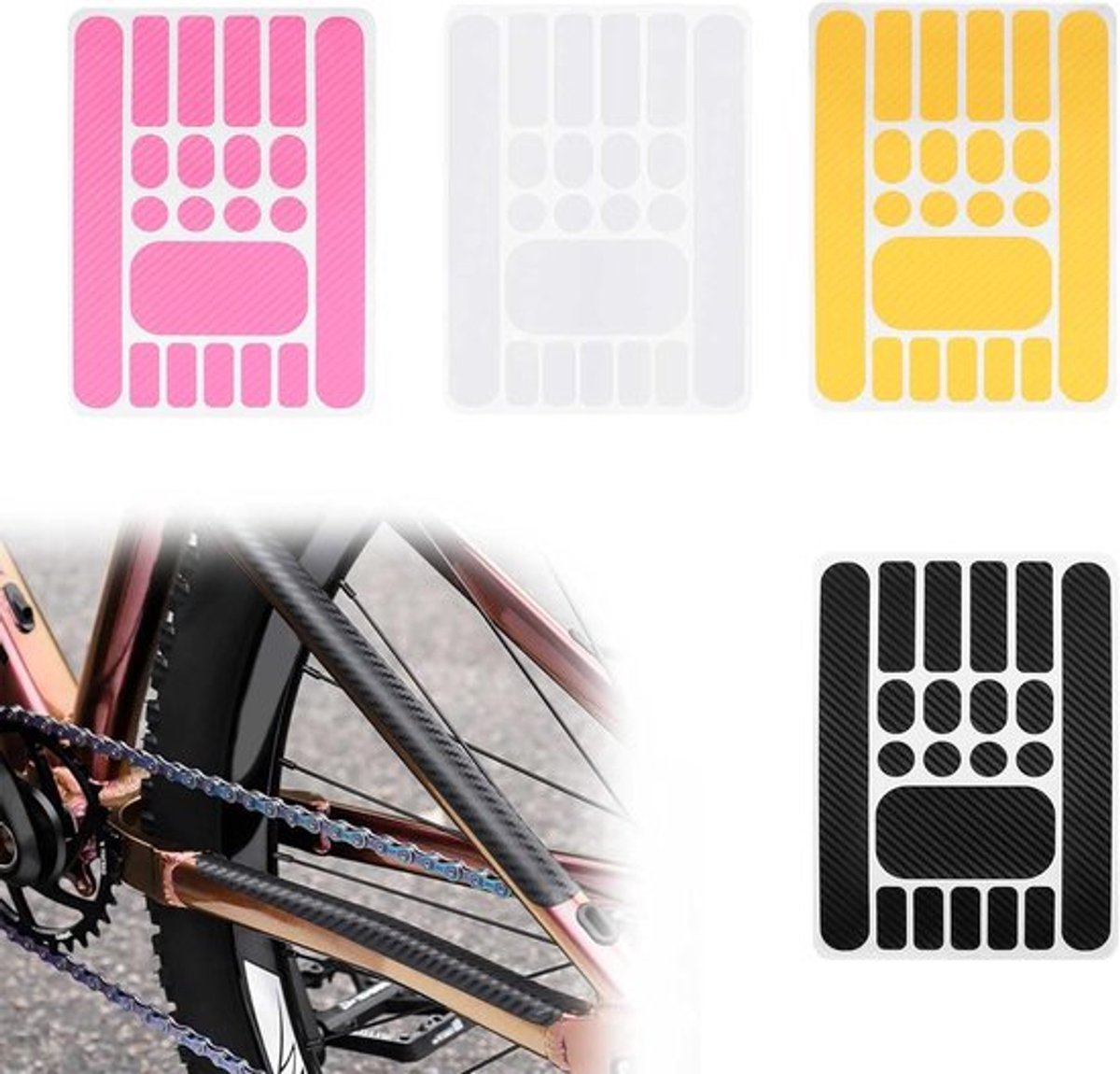 Stickerset voor fietsframe van 4 stuks, beschermfolie voor het fietsframe in zwart, roze, transparant en geel, ideaal voor bescherming en personalisatie.