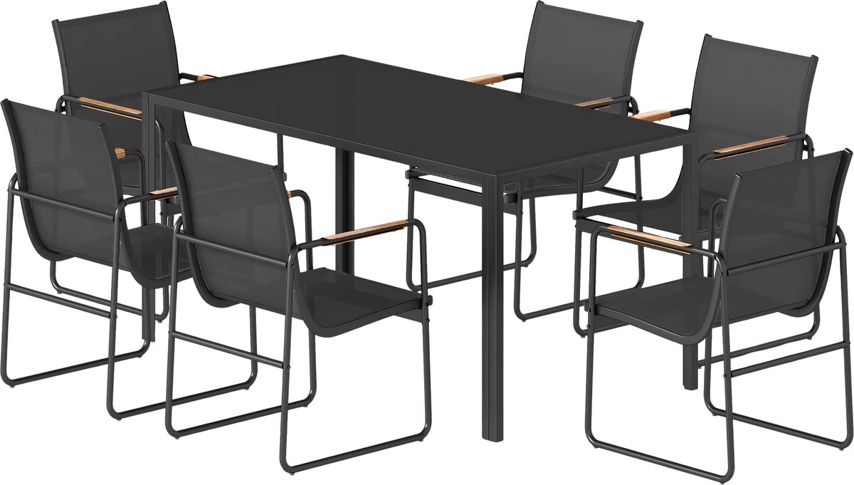 Buiteneetset 7-Delig Zwart – Glazen Tafel met Fauteuils van Gaas - voor Tuin, Terras & Balkon 6-Persoons Eettafelset