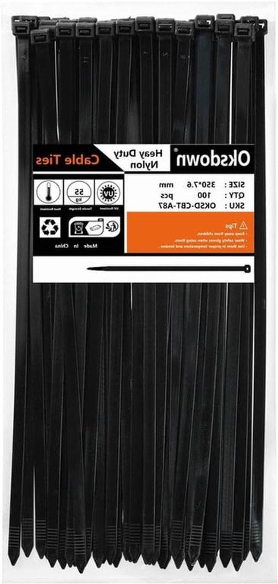 Zwarte Dikke Kabelbinders - 100 Stuks - Sterke Nylon Plastic Zelfsluitend - 350mm x 7.6mm - Extra Lange Zipper Tie Wraps voor Organisatie en Bevestiging