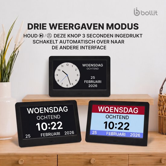 Drie digitale klokken, één met analoge wijzers en "WOENSDAG OCHTEND 10:22 25 FEBRUARI 2026", twee met digitale weergave.