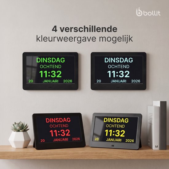 Vier digitale klokken met verschillende kleurenschema's: groen, wit, rood en geel.