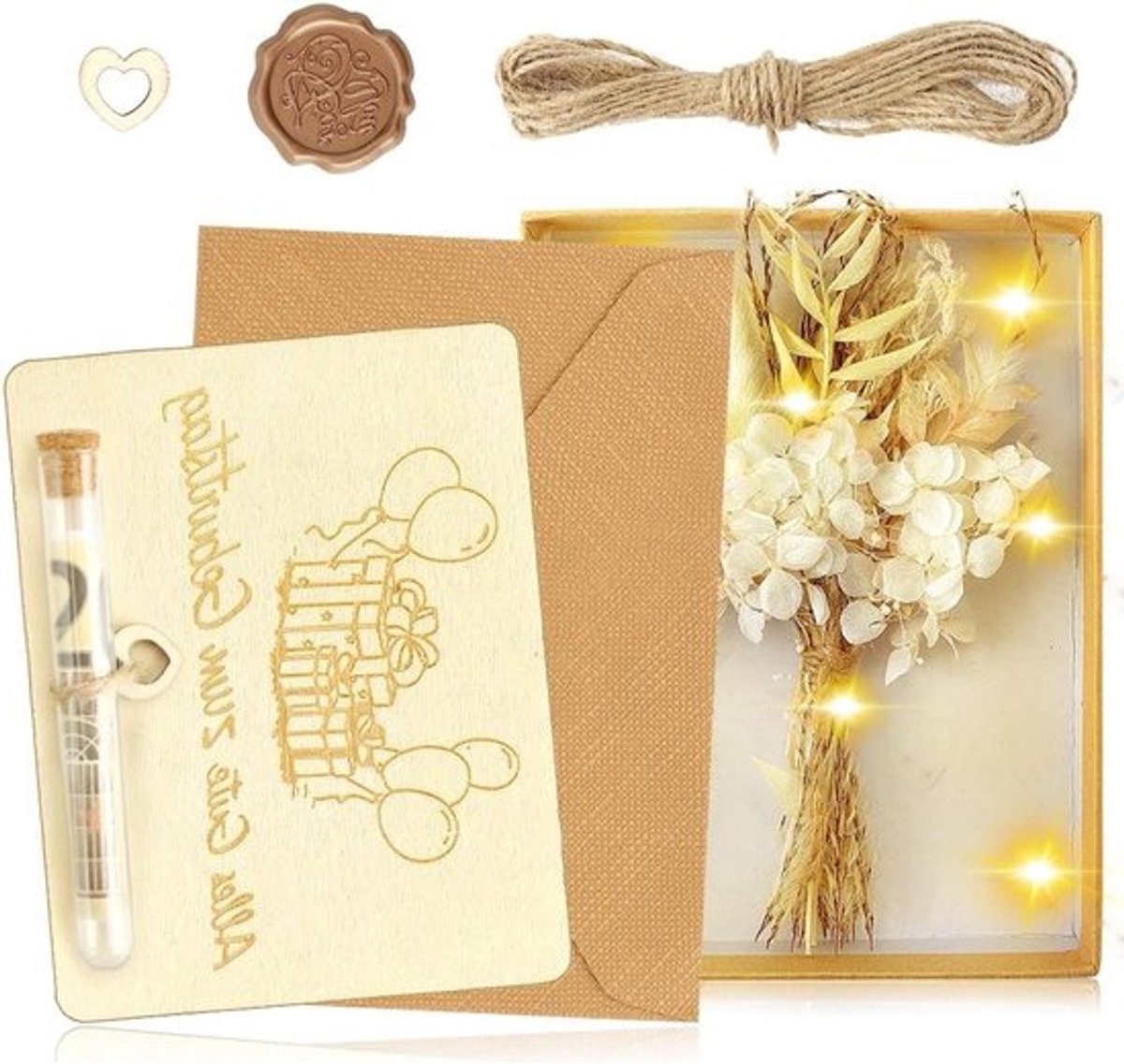 Creatieve geschenkdoos met gedroogde bloemen en reageerbuizen, uniek cadeau voor hem en haar, originele verjaardagspresentatie met hout en natuurdecoratie