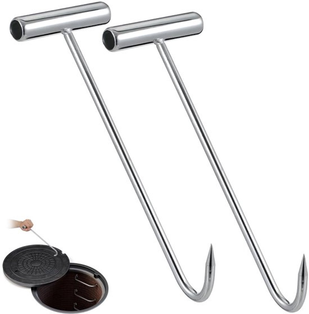 Schachtdeksel Haak - 2 Stuks - Robuust/IJzer - Eenvoudig te Gebruiken - Handgreep - Afvoer Rooster Lifter
