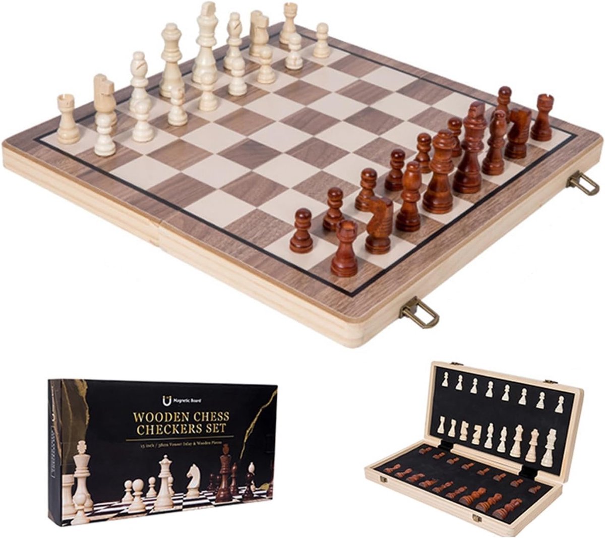 Houten Schaakspel - Hout en Zwart - 29 x 29 cm - Magnetische Draagbare Schaakset - Voor Kinderen en Volwassenen