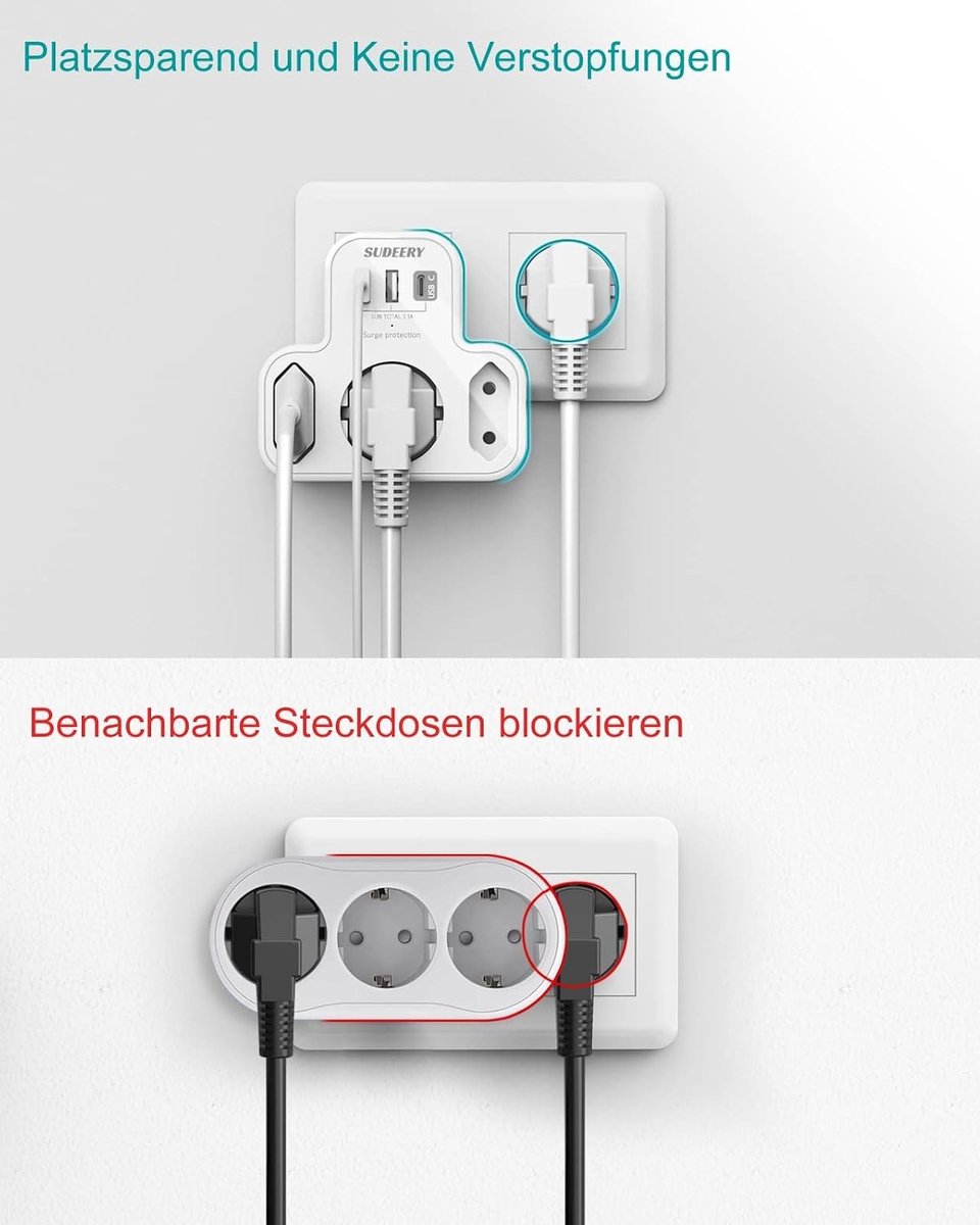Dubbele Stekkerdoos - Wit - 9,7 x 4 x 10,4 cm - 6-in-1 Stekkerdoos met USB en Type C Aansluitingen - Voor Thuis en Kantoor