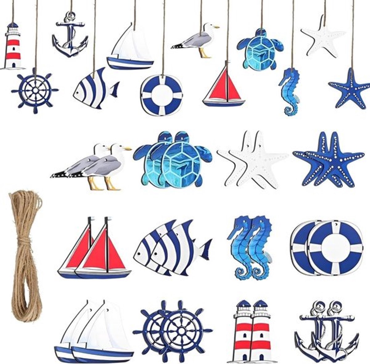 Wanddecoratie set met 24 zeesterren, decoratief visnet, schelpen en houten wandhangers voor maritieme sfeer
