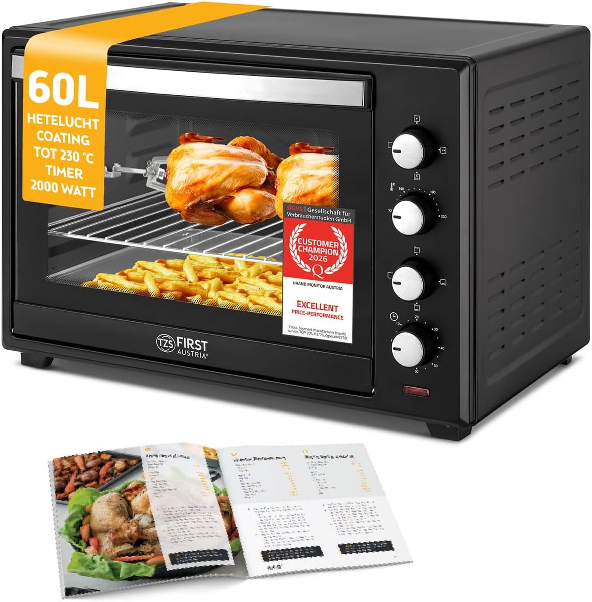 SnelShoppen - Minibakoven 60L 2000W - Mini Oven Pizzaoven met Temperatuurregeling tot 230°C, 6 Modi, 60 Min. Timer, 4 Inschuifhoogtes, Bakplaat, Grill
