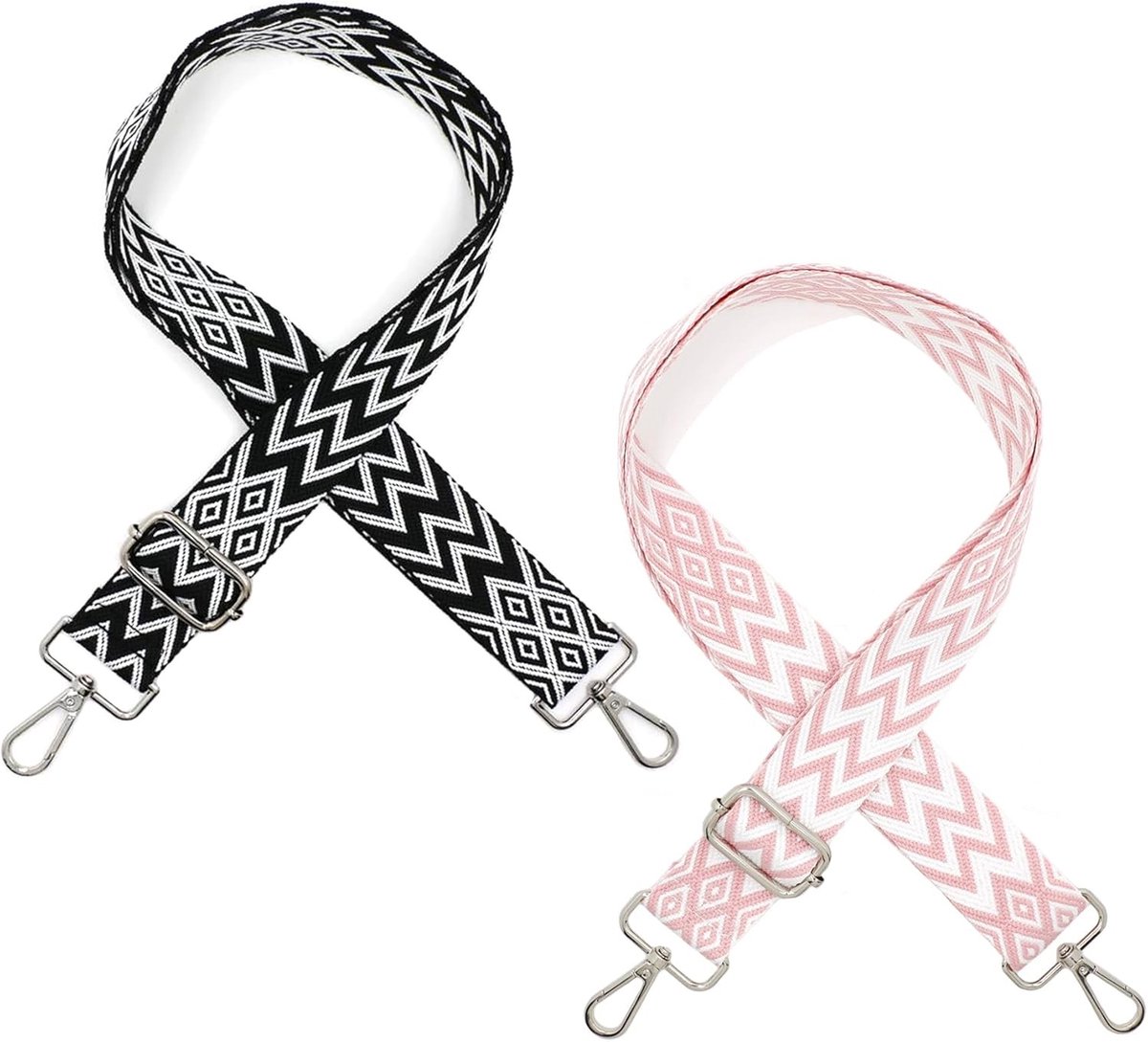 Verstelbare Schouderbanden voor Tassen, Breed 3.8 cm, 80-141 cm, Ideaal voor Schoudertassen, Handtassen en Tote Bags (Zwart met Roze) - Set van 2 Stuks