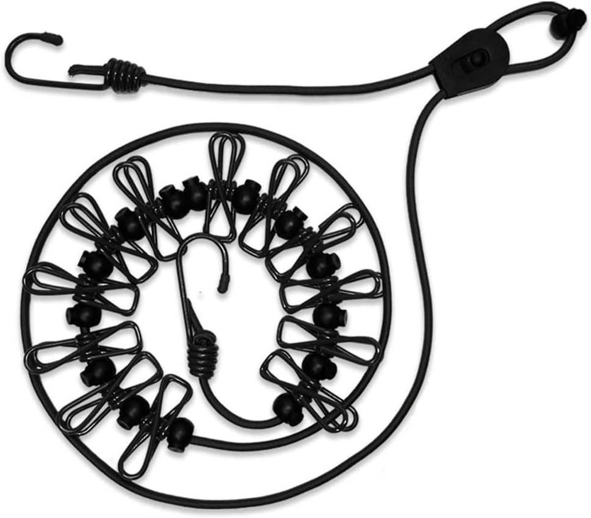 SnelShoppen - 2x Elastische Waslijn met 12 Klemmen - Windbestendig, Inklapbaar Touw voor Tuin, Camping, Hotel en Reizen