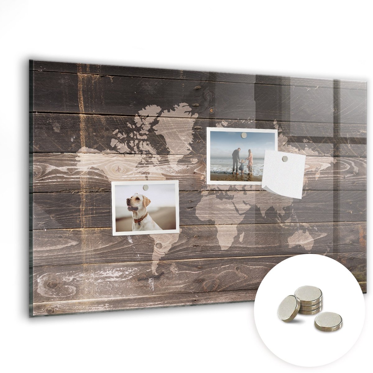Coloray Glazen Magneetbord - Magnetisch Bord Wereldkaart op hout - 60x40 cm - Bruin Magneetbord - Magnetic Board - Magneetbord Design