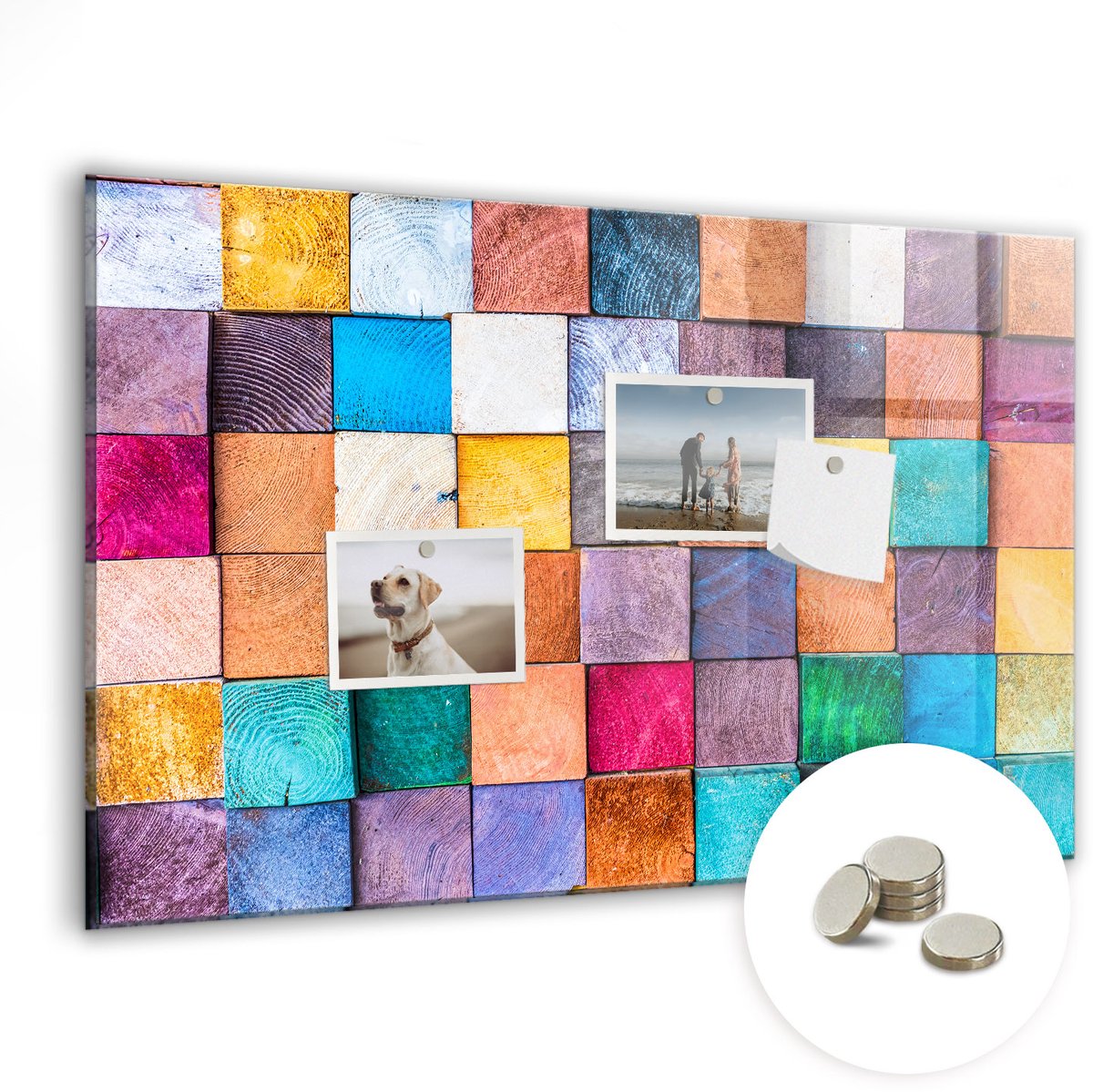 Coloray Glazen Magneetbord - Magnetisch Bord Houten kubussen - 60x40 cm - Veelkleurig Magneetbord - Magnetic Board - Magneetbord Design