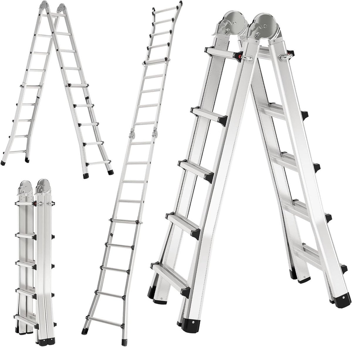 Aluminium Ladder - Multifunctionele Steiger - Klus Klaren - Compact Opvouwbaar - 4.8 Meter Hoog - Zilverkleurig