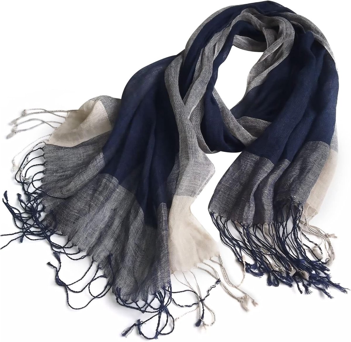Lichte en ademende linnen sjaal voor dames en heren met geruit en gestreept patroon, veelzijdige wrap en zonnebescherming, navypatroon, one size