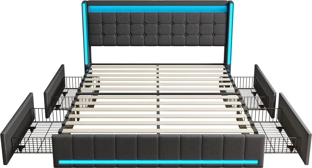 Happiq Gestoffeerd Tweepersoonsbed 160x200 cm Donkergrijs - met LED Verlichting, Lattenbodem, Hoofdbord, Oplaadstation