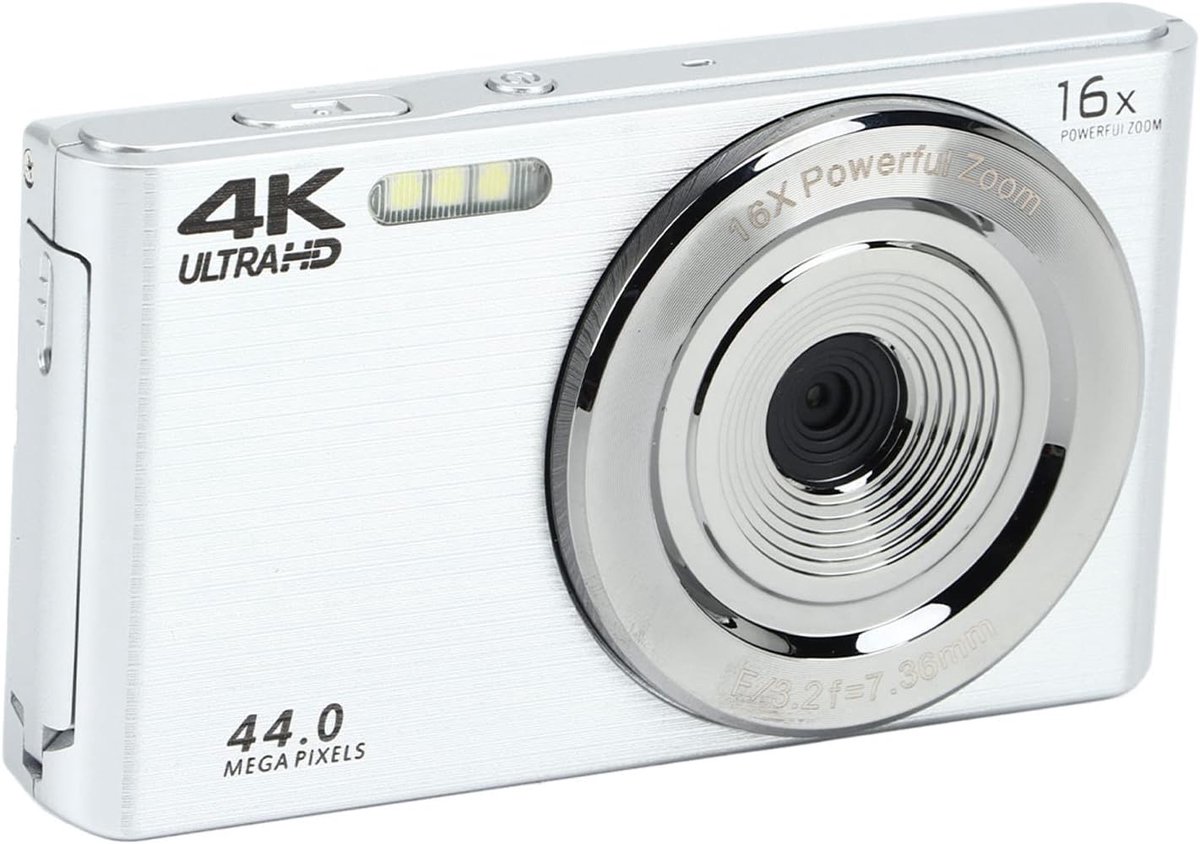 SnelShoppen - Digitale Camera 4K 44MP HD met 16X Digitale Zoom, Schokbestendige Compacte Camera voor Vloggen en Fotografie (Zilver)