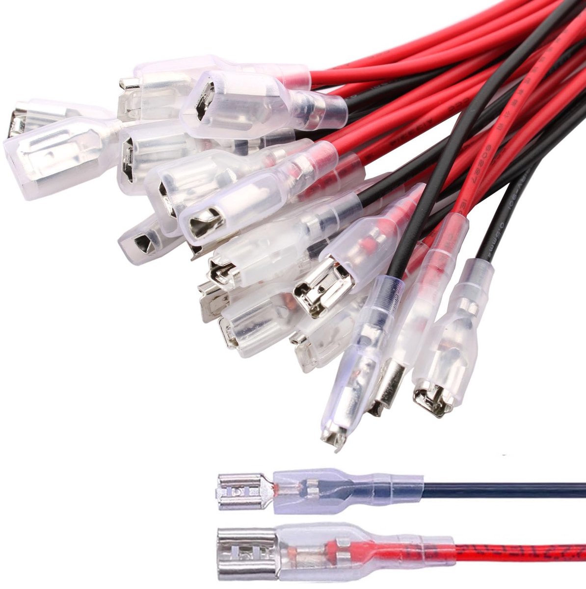 SnelShoppen - 20 stuks 4.8mm en 6.3mm Kabel Lugs Set, Geïsoleerde Plugs, Crimpconnectoren Assortiment met Isolatiesleeve en Draad, Hoogwaardige Koper,