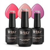 Drie flesjes Velura Bottle Builder nagelproducten: Neon Flirt Pink, Vintage Pink, Rosy Pink. Achter elk flesje een druppel in dezelfde kleur.