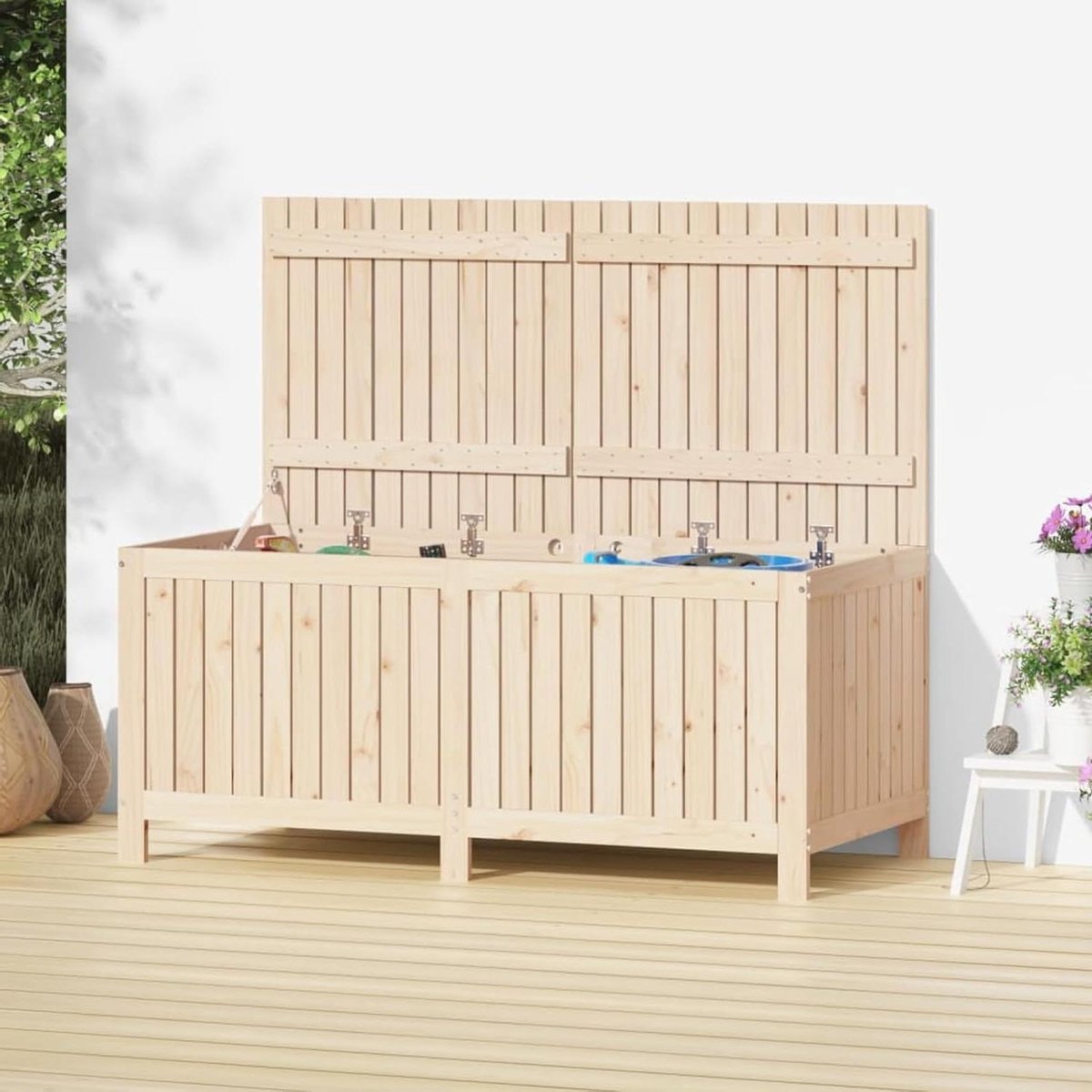 Tuinkist Grenenhout - Kussenbox Outdoor - Tuin Opbergen - Gasveer Deksel - 147x68x64 cm - Natuurlijk Hout