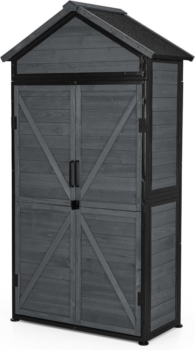 Tuinopbergkast - Gereedschapsschuur Buiten - Tuinspullen Opbergen - Robuust Metalen Frame - 45x90x165 cm - Grijs