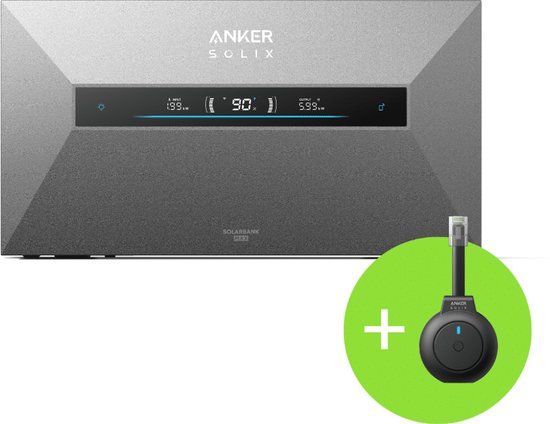 Grijze Anker Solix Solarbank Max unit met display en een draadloze adapter.