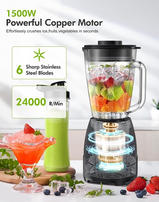 Krachtige Mixer - Smoothie Maker Blender - Gezonde Dranken Maken - Variabele Snelheid 24000 RPM - 1.5L Glas 600ml Fles — afbeelding 2