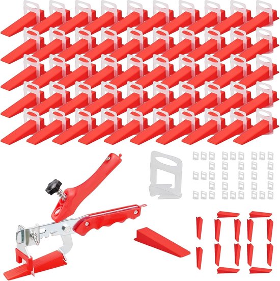 Complete set met rode tegeltang, 300 witte clips en 100 rode keggen voor een professionele afwerking.