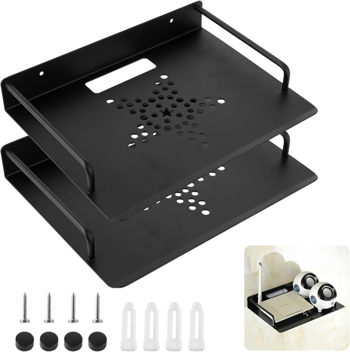 2 x Aluminium Wandplank voor Projector, Multimedia en Spelconsoles - 26 x 21 cm, Zwart, Ideaal voor Ontvangers en Kabelboxen