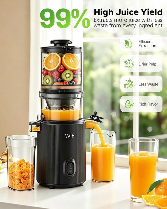 SnelShoppen - Slow Juicer Machine 300W met 135mm Brede Vulopening, Hoge Sapopbrengst 99%, 2.2L Capaciteit, BPA Vrij, Makkelijk Schoon te Maken, Perfec — afbeelding 4