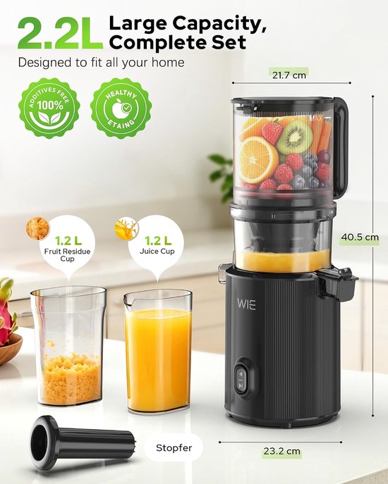 SnelShoppen - Slow Juicer Machine 300W met 135mm Brede Vulopening, Hoge Sapopbrengst 99%, 2.2L Capaciteit, BPA Vrij, Makkelijk Schoon te Maken, Perfec — afbeelding 5