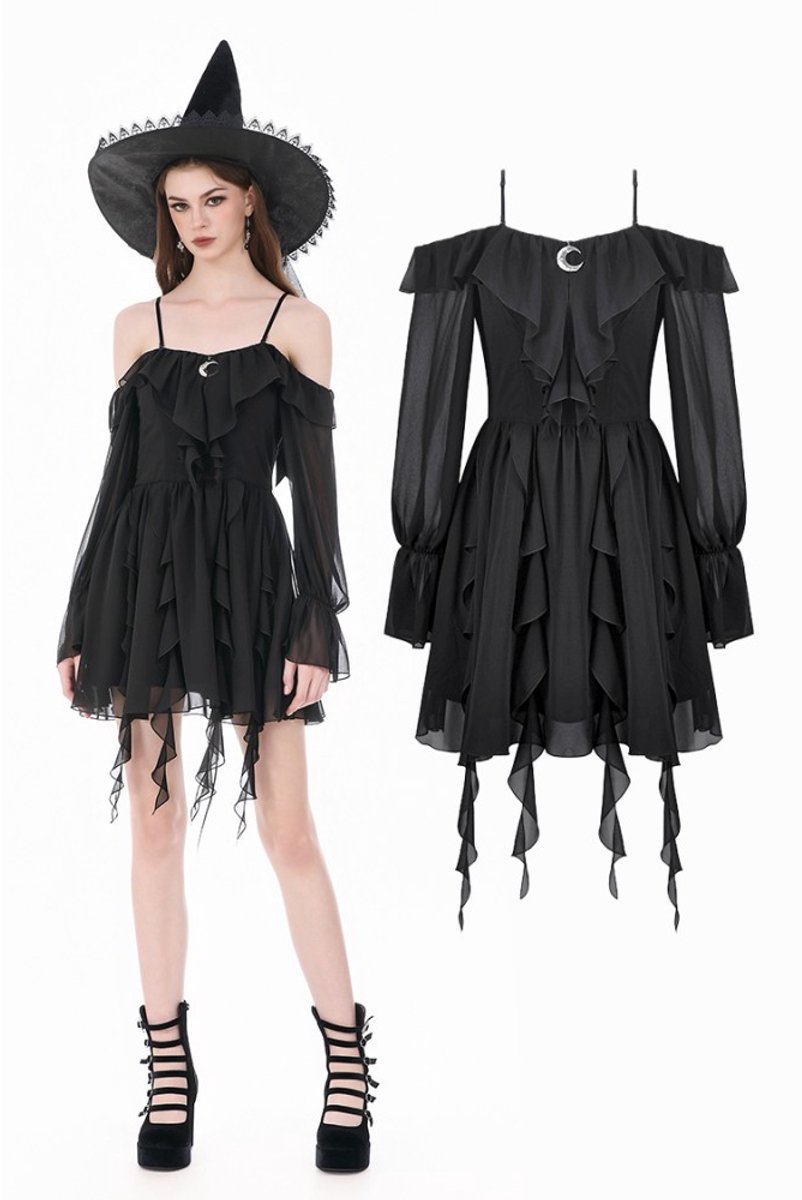 Dark in Love - Chiffon OfftheShoulder with Crescent Moon Charm and Layered Ruffle Hem Korte jurk - M - Zwart