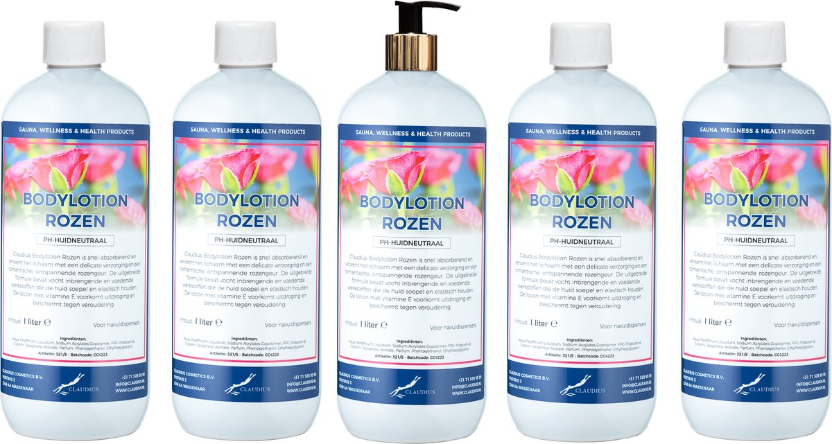 Bodylotion Rozen 1 Liter - met gouden pomp - set van 5 stuks - Voordeelverpakking