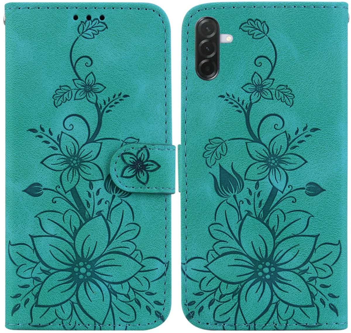 BoekCover Etui Hoes geschikt voor Samsung Galaxy A37 - A36 - A56 - Groen - Lelie - Reliëf