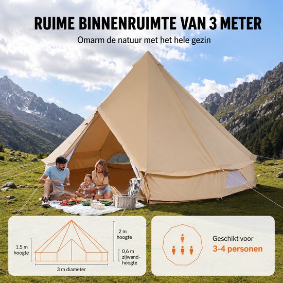 Sello! Canvas tipi tent – tent – bell tent – yurt tent – 4-seizoenen – TC-katoen – grondzeil – kachelopening – 4 personen – Ø 3 m — afbeelding 4