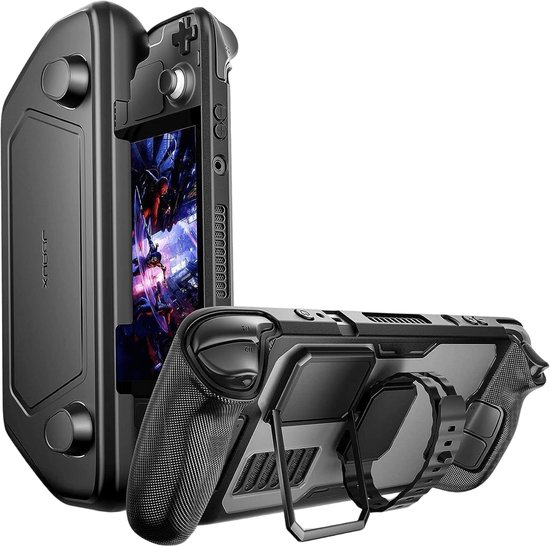 Zwarte beschermhoes voor gameconsole met een uitklapbare standaard en textuur op de handgrepen.