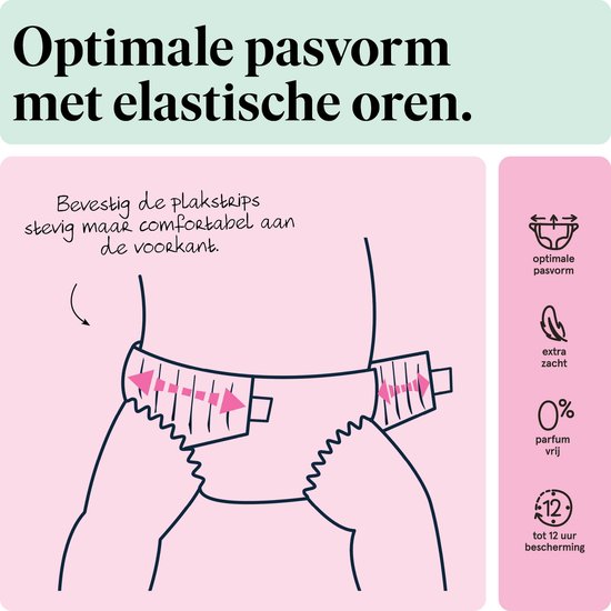 Illustratie van de sluiting van een luier met elastische oren en plakstrips. "Optimale pasvorm met elastische oren." "Bevestig de plakstrips stevig maar comfortabel aan de voorkant."