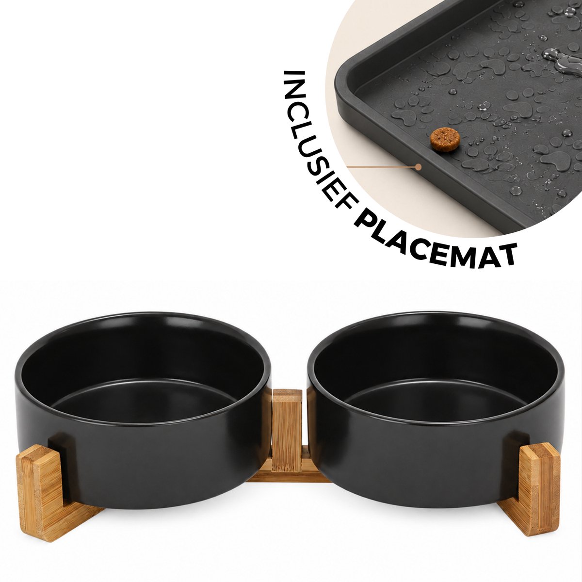 By Cee Cee - Voerbak Kat en Hond Keramiek - Kattenvoerbakjes - Hondenvoerbak - Voerbakken Dubbel met Standaard - Drinkbak en Eetbak - 2x 850 ML - Zwart - Met Antiknoeimat